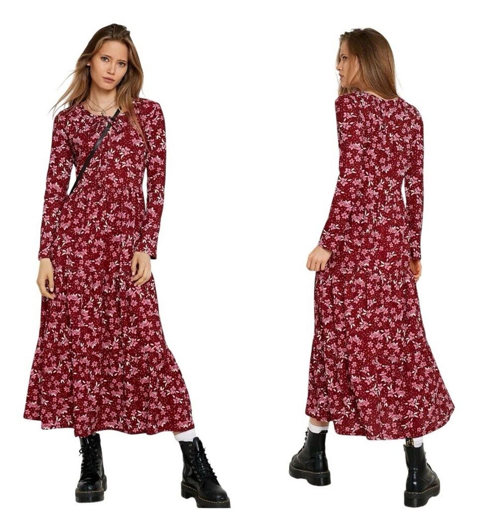 Free People XS Tiers of Joy Long Sleeve Prairie Midi Dress Boho Peasant Ae3